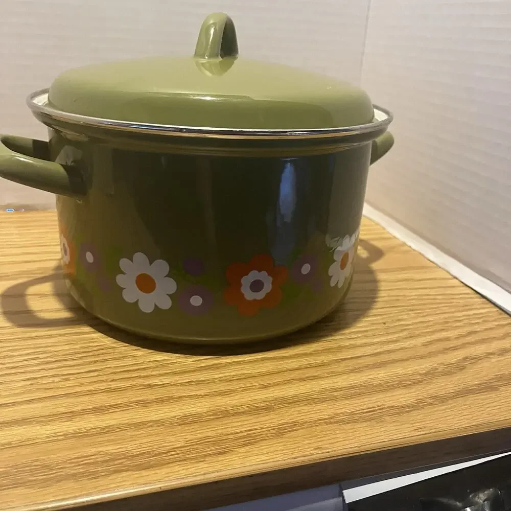Vintage West German Mid Century 70s RARE Avocado Flower Power Cooking Stock Pot